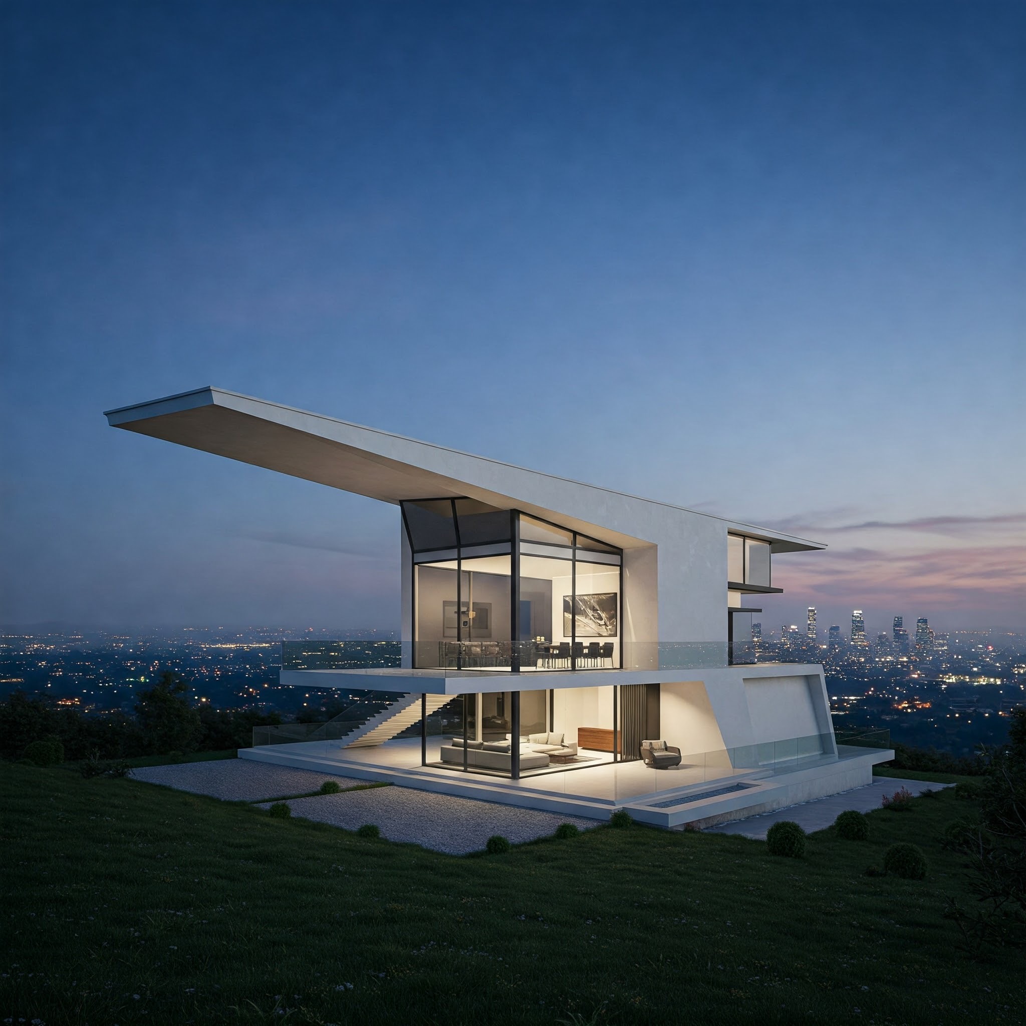 photo of Striking Modern Residence at Dusk Overlooking City Lights